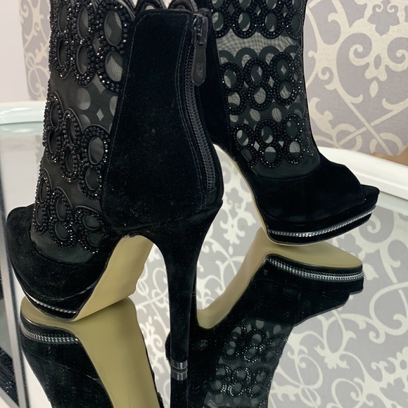 Peep Toe Mesh and Crystal Detail Platform Stiletto High Heel Velvet Ankle Boot - Picture 8 of 8